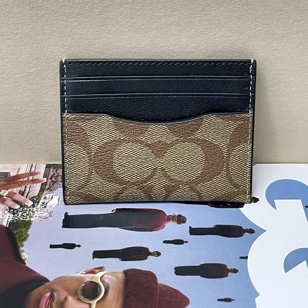 (new+tag+box) Coach Signature Monogram Card Holder Jacquard khaki brown black